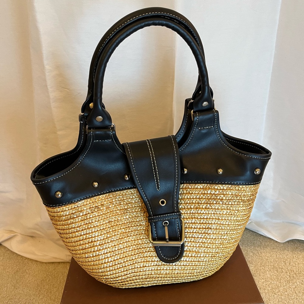 Black studded faux leather and straw shoulder bag
